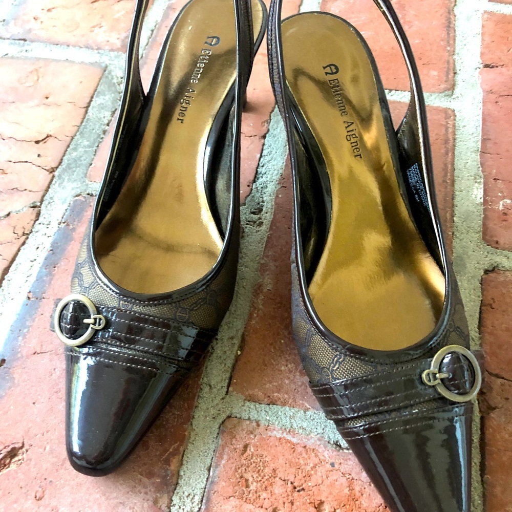 Etienne Aigner strap back Heels Brown Canvas Silver Buckle EUC Size 8